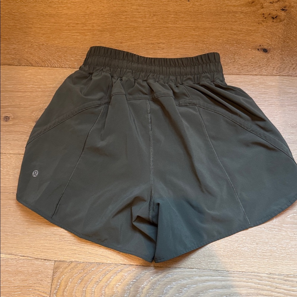 3 pair Lulu Track That High-Rise Lined Short 5" in Black, Olive, and Lavender. - Picture 5 of 7